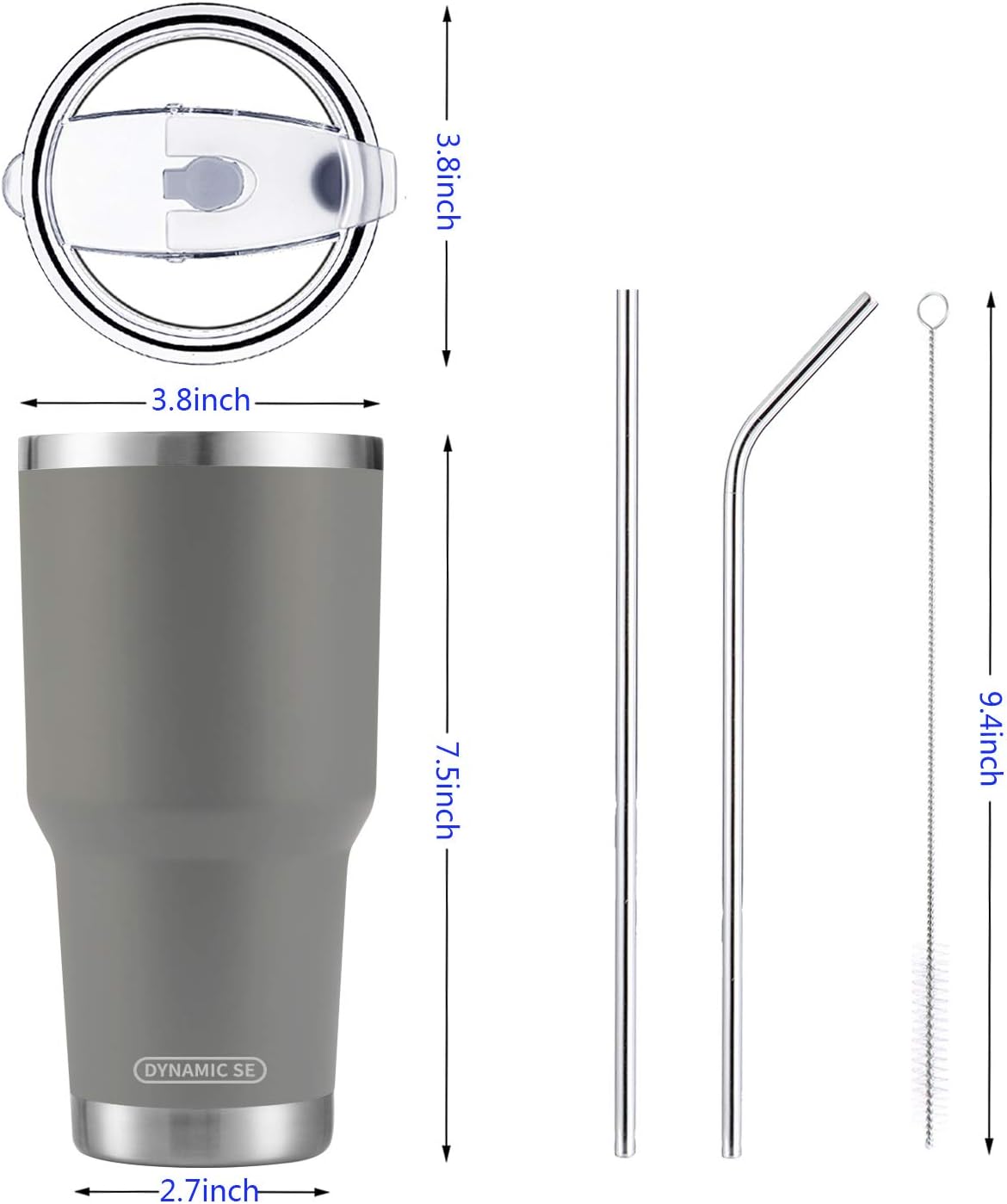 Vaso gris acero inox 30oz con tapa popote y cepillo