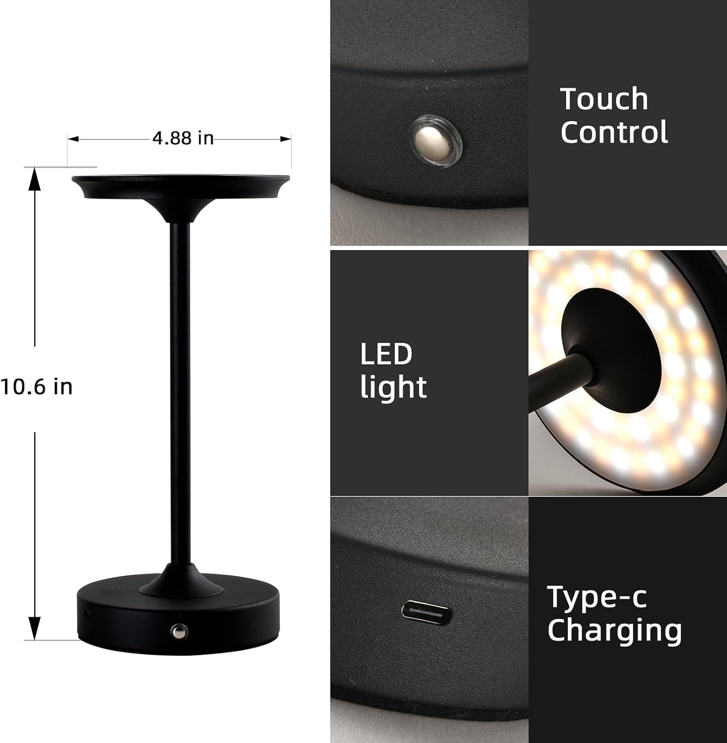 2 Lámparas Mesa Led Inalámbricas Recargables Negro