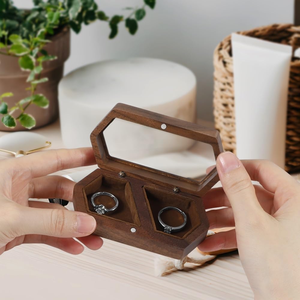 Caja madera anillos boda transparente para dos anillos