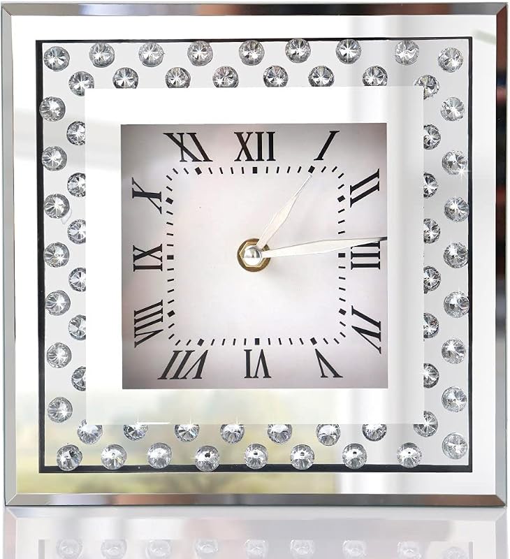 Reloj escritorio 8x8pulg cristal brillante espejo plateado