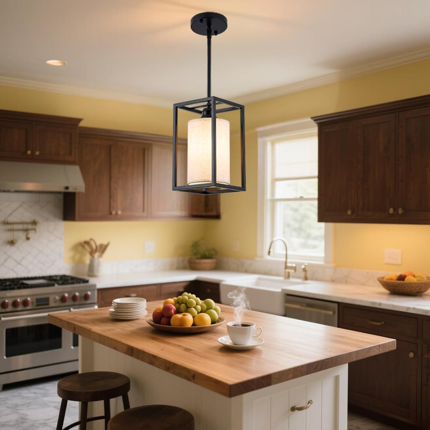 Luz colgante tela isla cocina negra con varilla jaula de granja