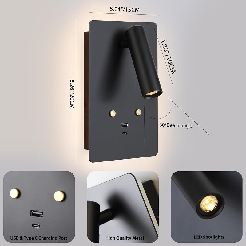 Lámpara de pared con USB y control tactil para dormitorio