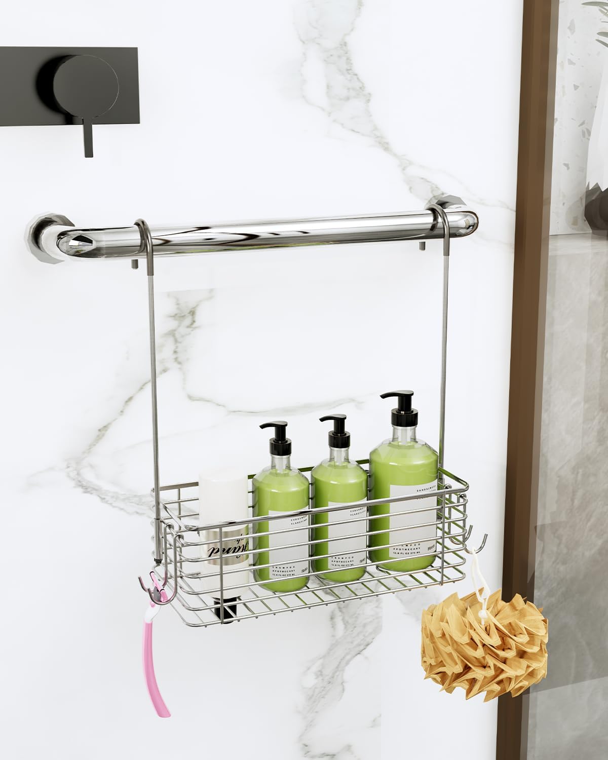 Organiz. baño acero inox con ganchos giratorios