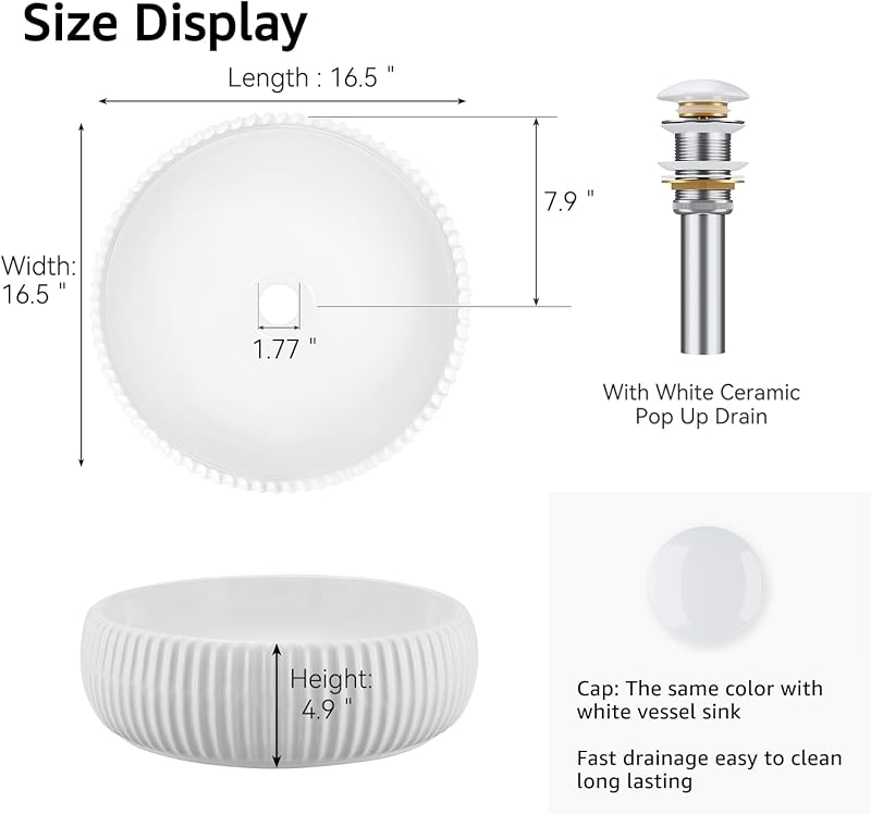 Lavabo redondo sobreponer encimera porcelana blanco 16.5x4.9