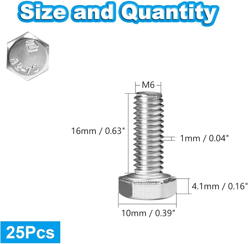 25 Pzas Tornillos Hex M6-1.0x16mm Acero Inox 304