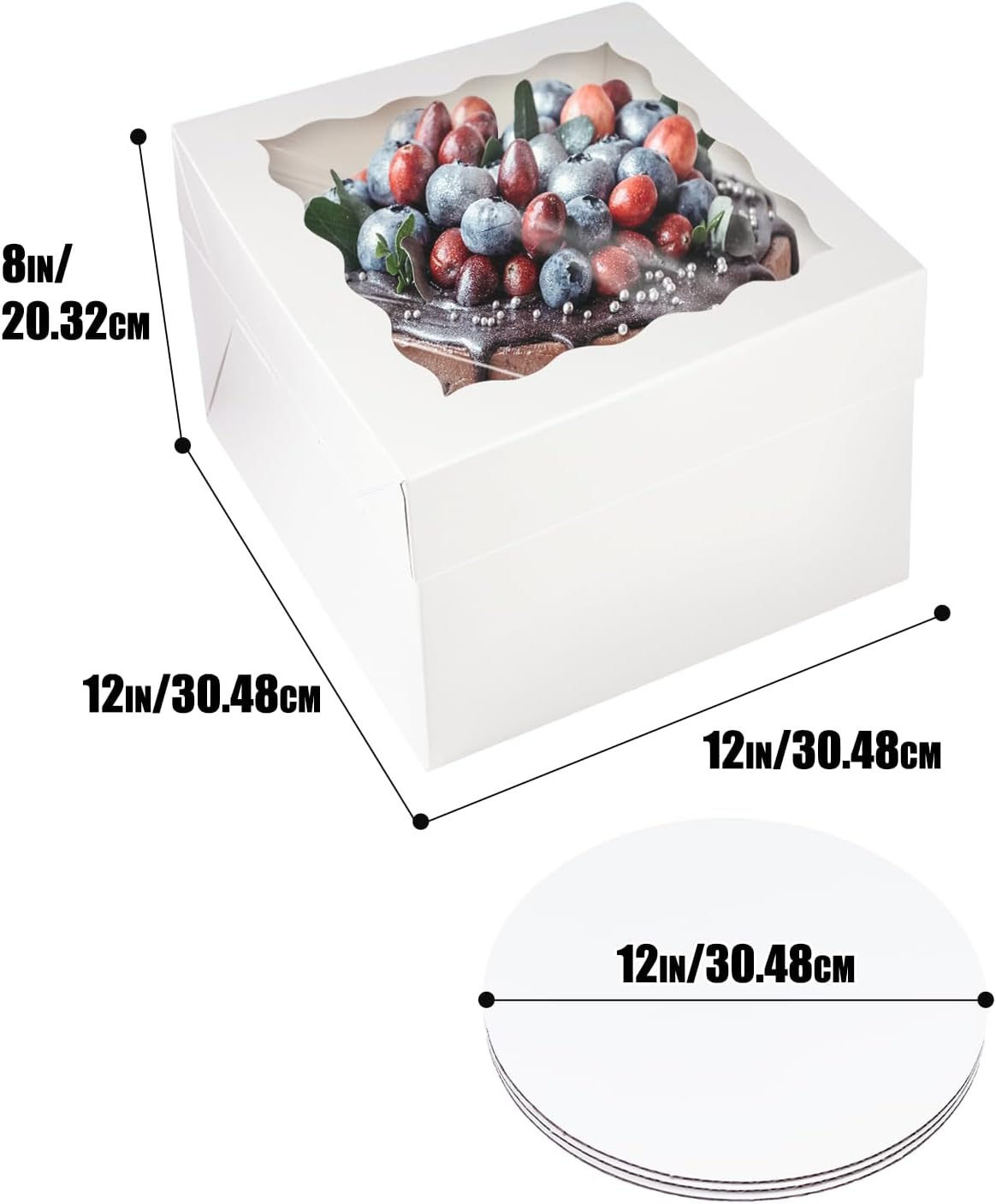 Caja pastel 12x12x8 con ventana y 4 tablas redondas