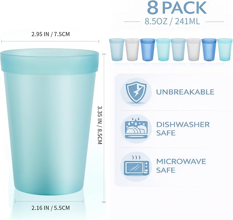 8 Vasos Plástico 8.5oz Reutilizables Sin BPA Colores Surtidos