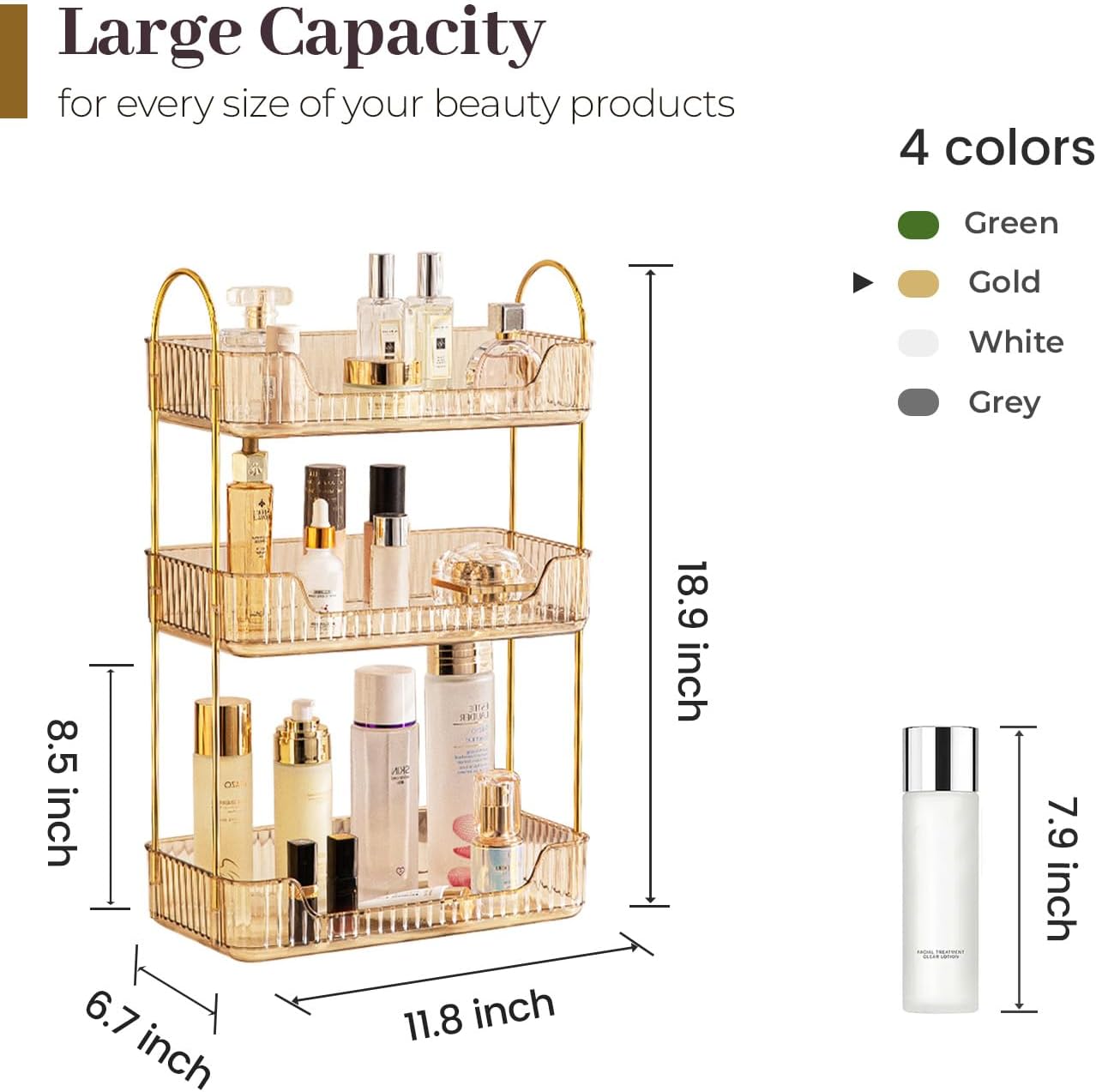 Organiz. baño 3 niveles para maquillaje y perfume dorado