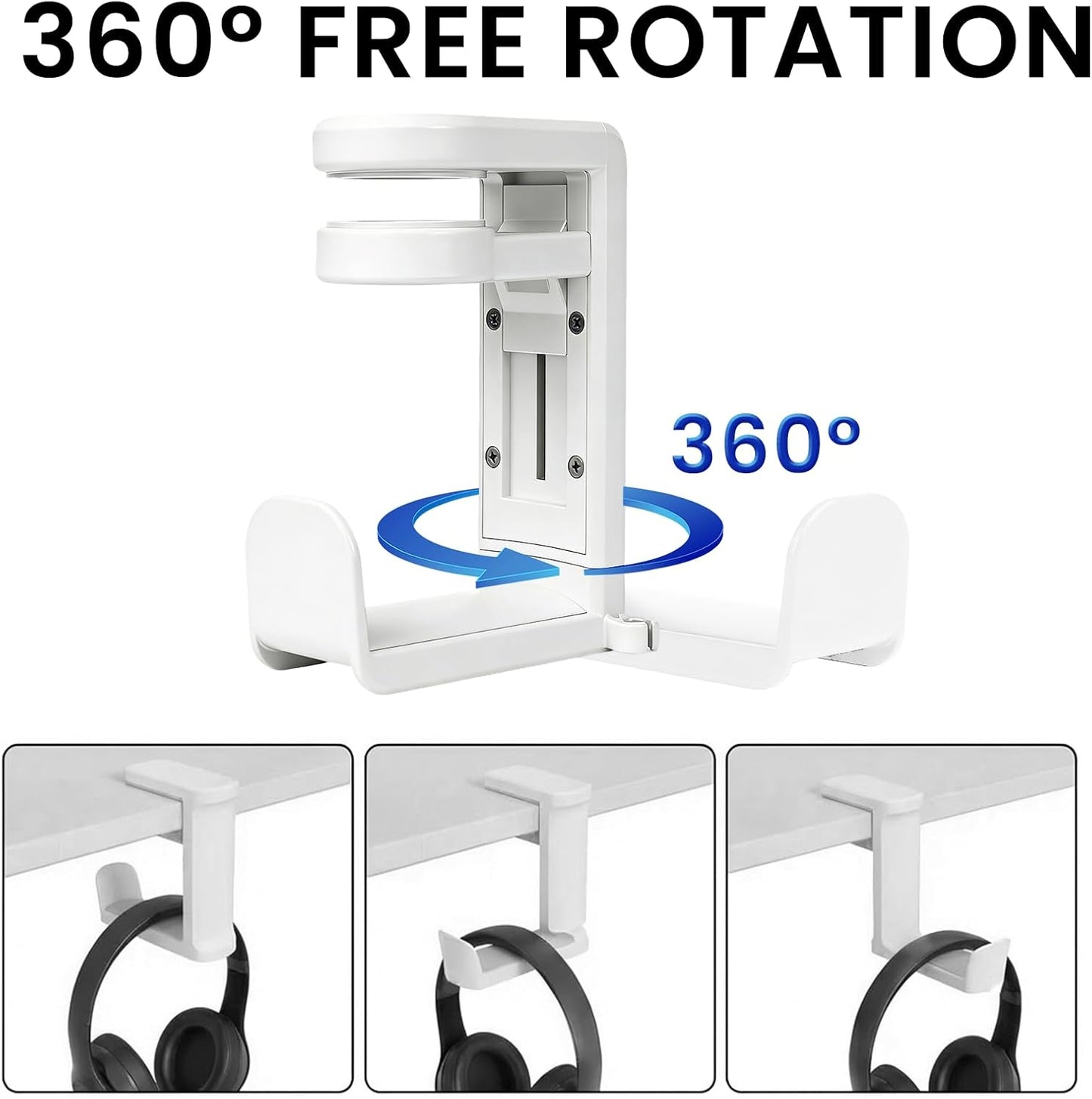 Gancho auriculares soporte PC rotación 360 organizador cables blanco