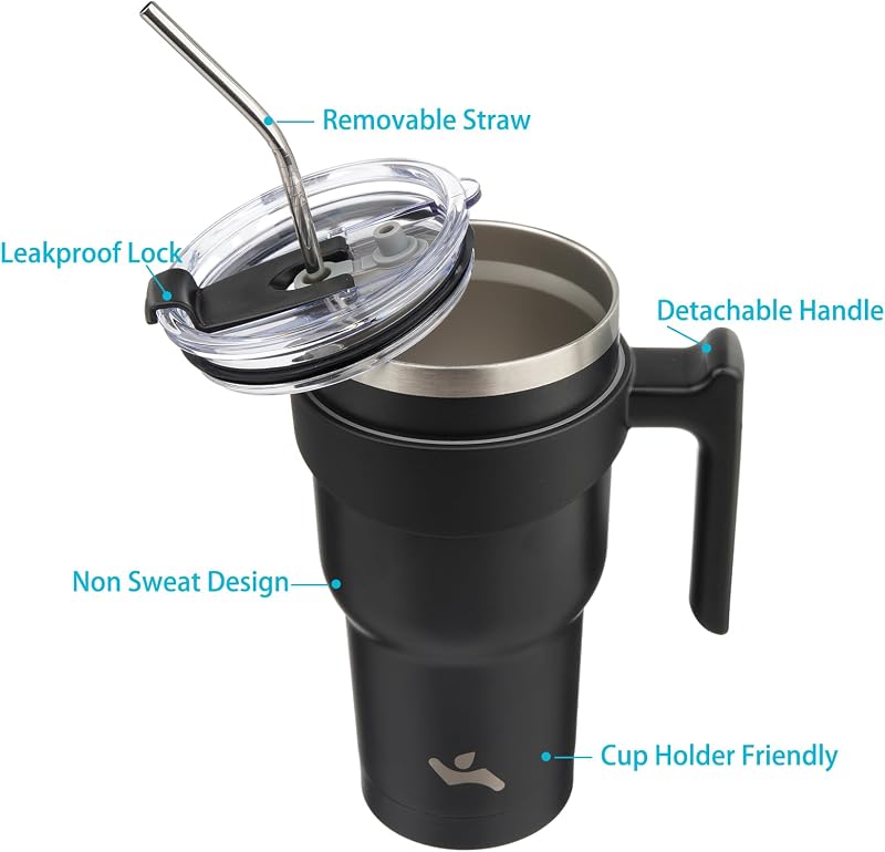 Vaso acero inox 30oz con asa 2 popotes 2 tapas color negro
