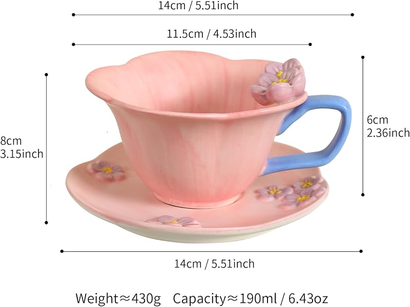 Taza cerámica rosa para té y café con platillo