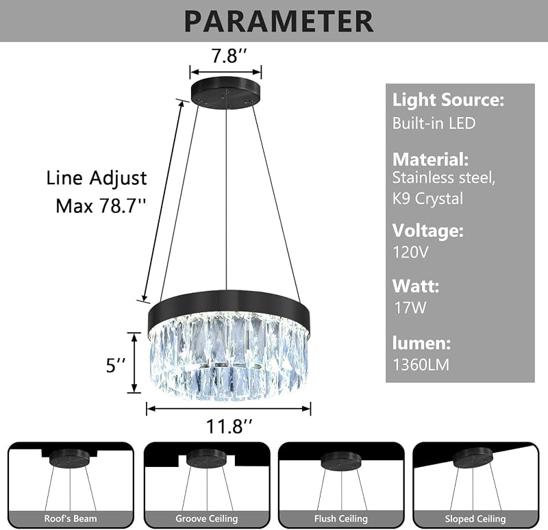 Lámpara araña LED ajustable cristal redondo negro