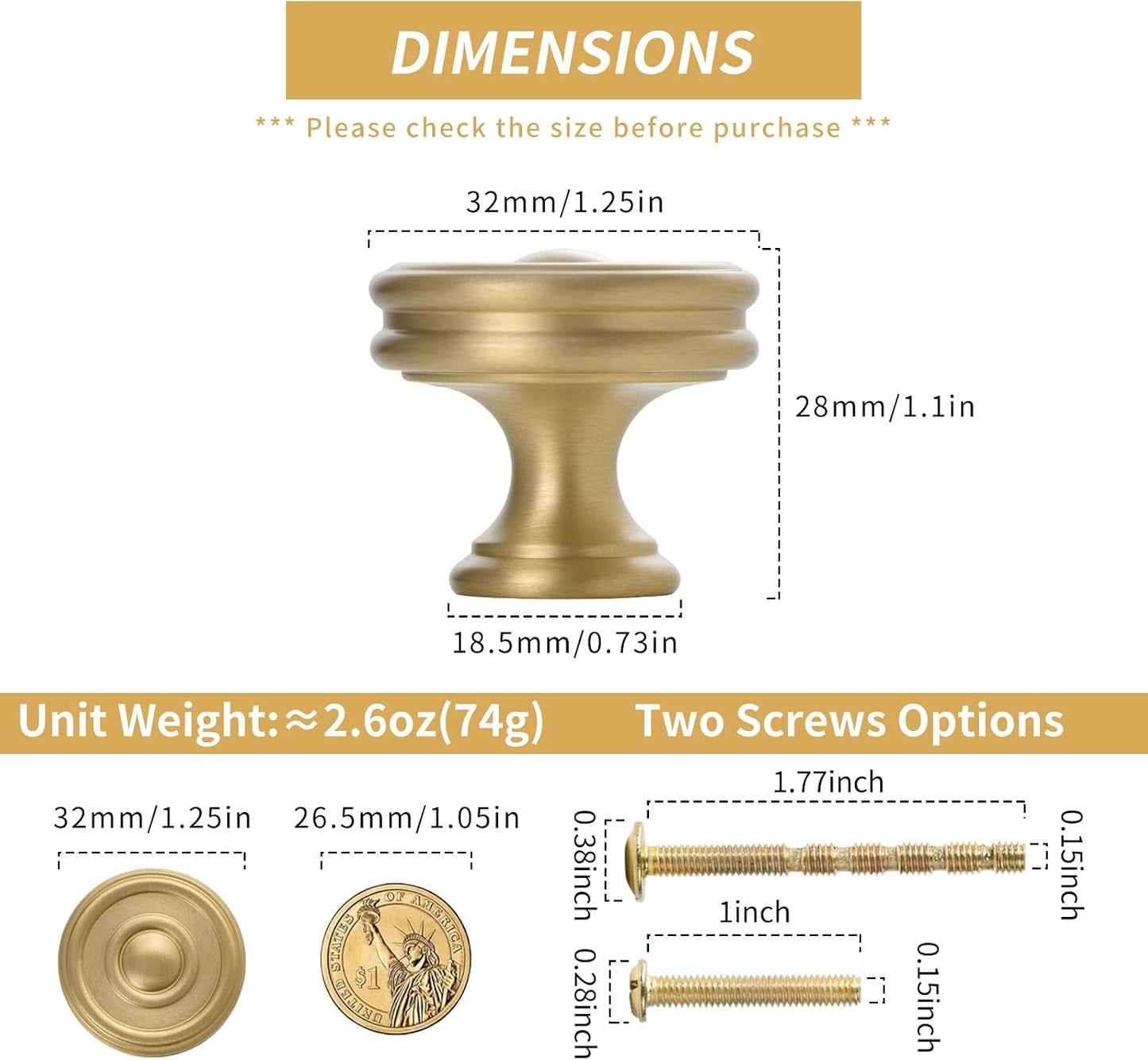 Pomos dorados cepillados 1-1/4pulg para baño set 5 latón