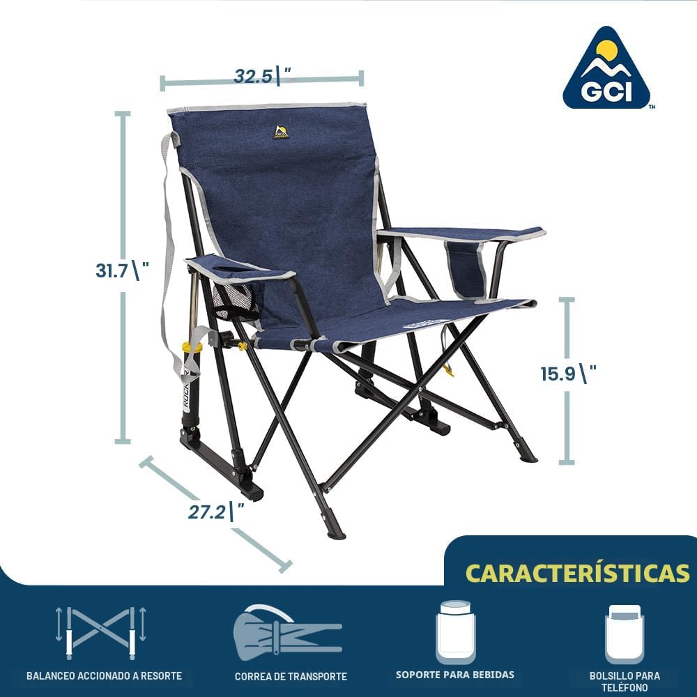 Silla mecedora camping plegable con reposabrazos azul rey