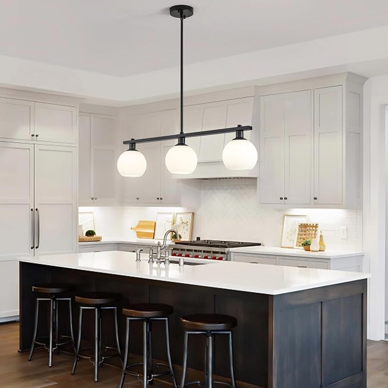 Lámpara colgante isla cocina 3 luces vidrio leche negro