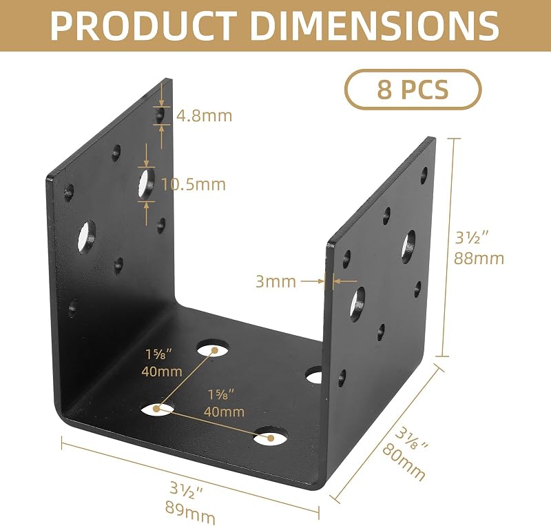 8 Soportes Poste Madera 4x4 Acero Negro