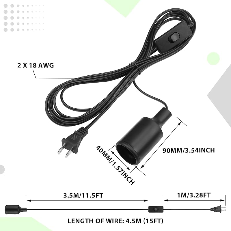 Kit 10 cables luz colgante con enchufe E26 E27 negro 15pies