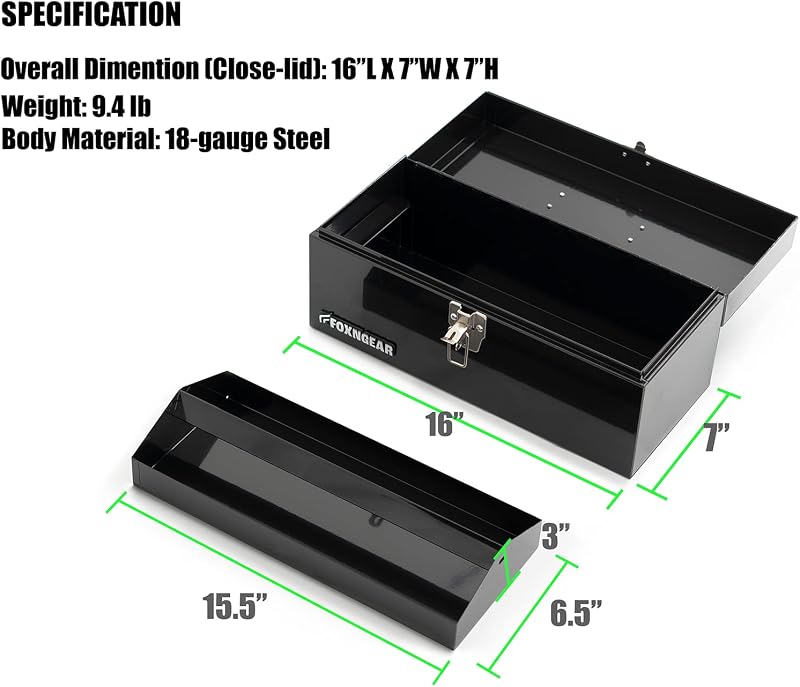 Caja herramientas acero 16" calibre 18 cierre metal asa