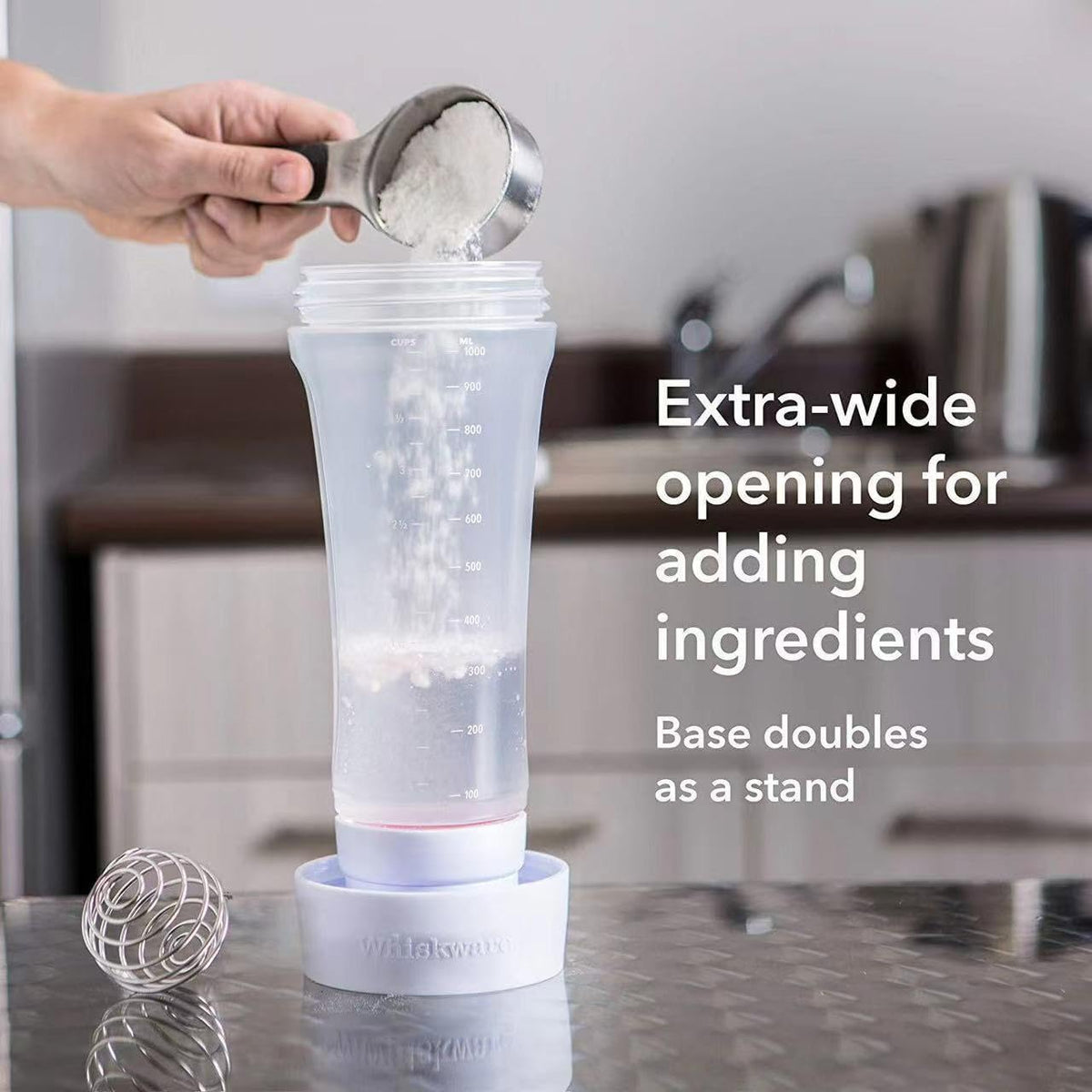 Bote dispensador de masa para panqueques con bola mezcladora y marca de medida