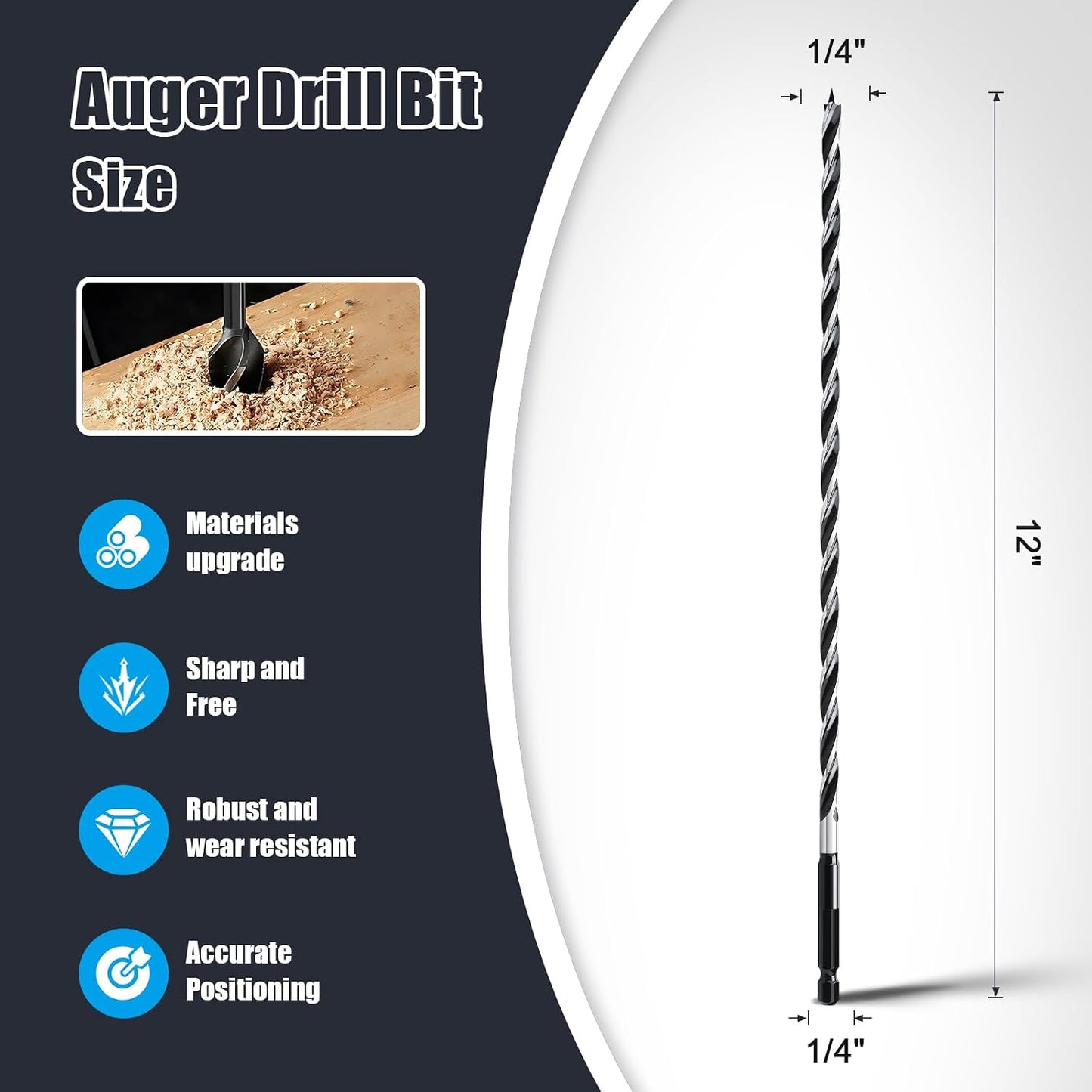 Broca taladro 1/4x12 pulg madera vástago hex 3 estrías