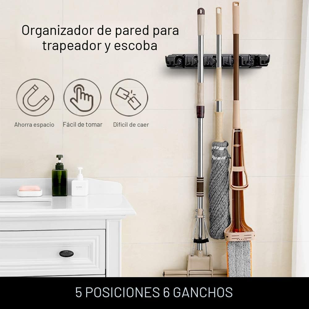 2 Soportes Trapeador Escoba Pared 5 Ranuras 6 Ganchos Negro
