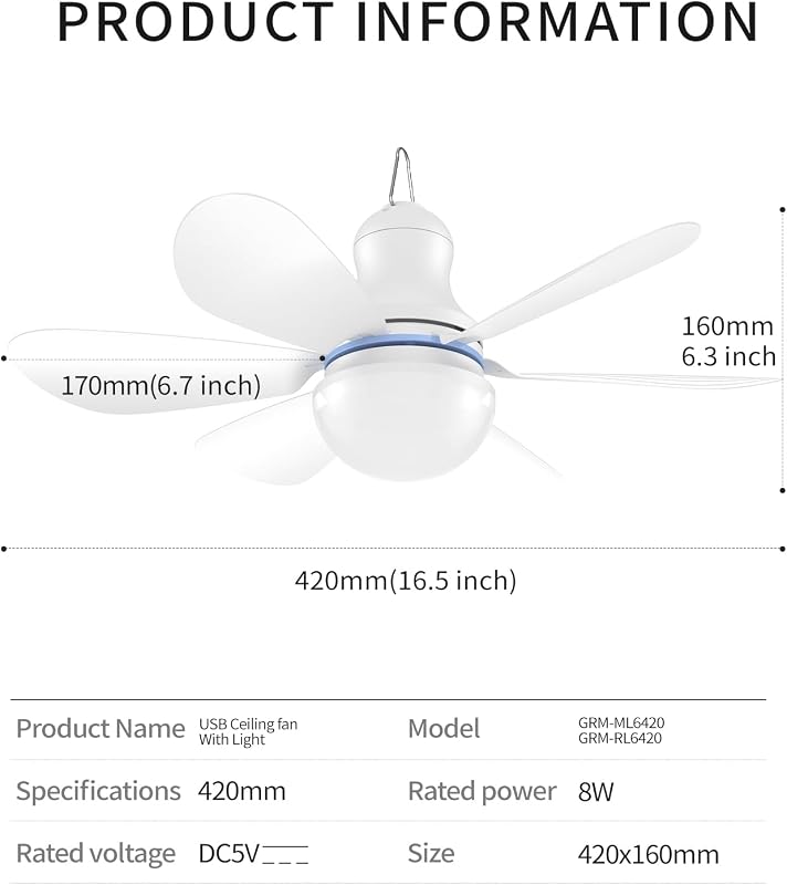 Ventilador techo USB luces 16.5pulg silencioso portátil