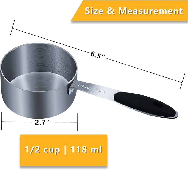 Taza medidora 1/2 taza agarre silicona negra cucharilla acero inox