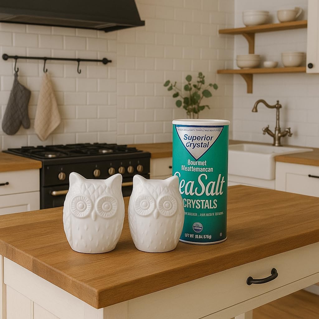 Set salero pimentero cerámica búho blanco decoración cocina