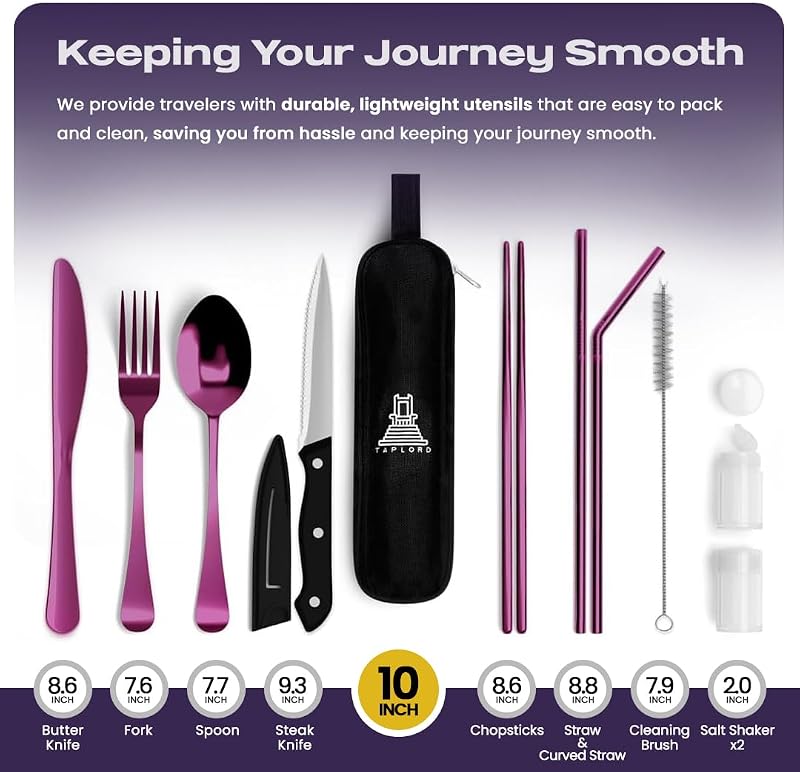 Set 10 Pzas Cubiertos Acero Inox Viaje Estuche Morado