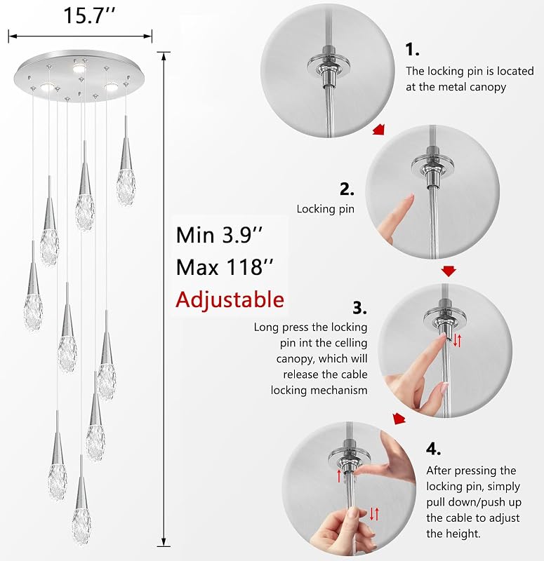 Lámpara araña 118" moderna de cristal plata regulable
