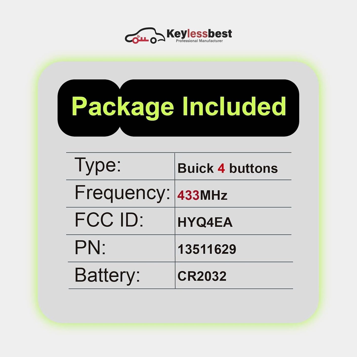 Repuesto control remoto Buick Regal 4 botones 433MHz