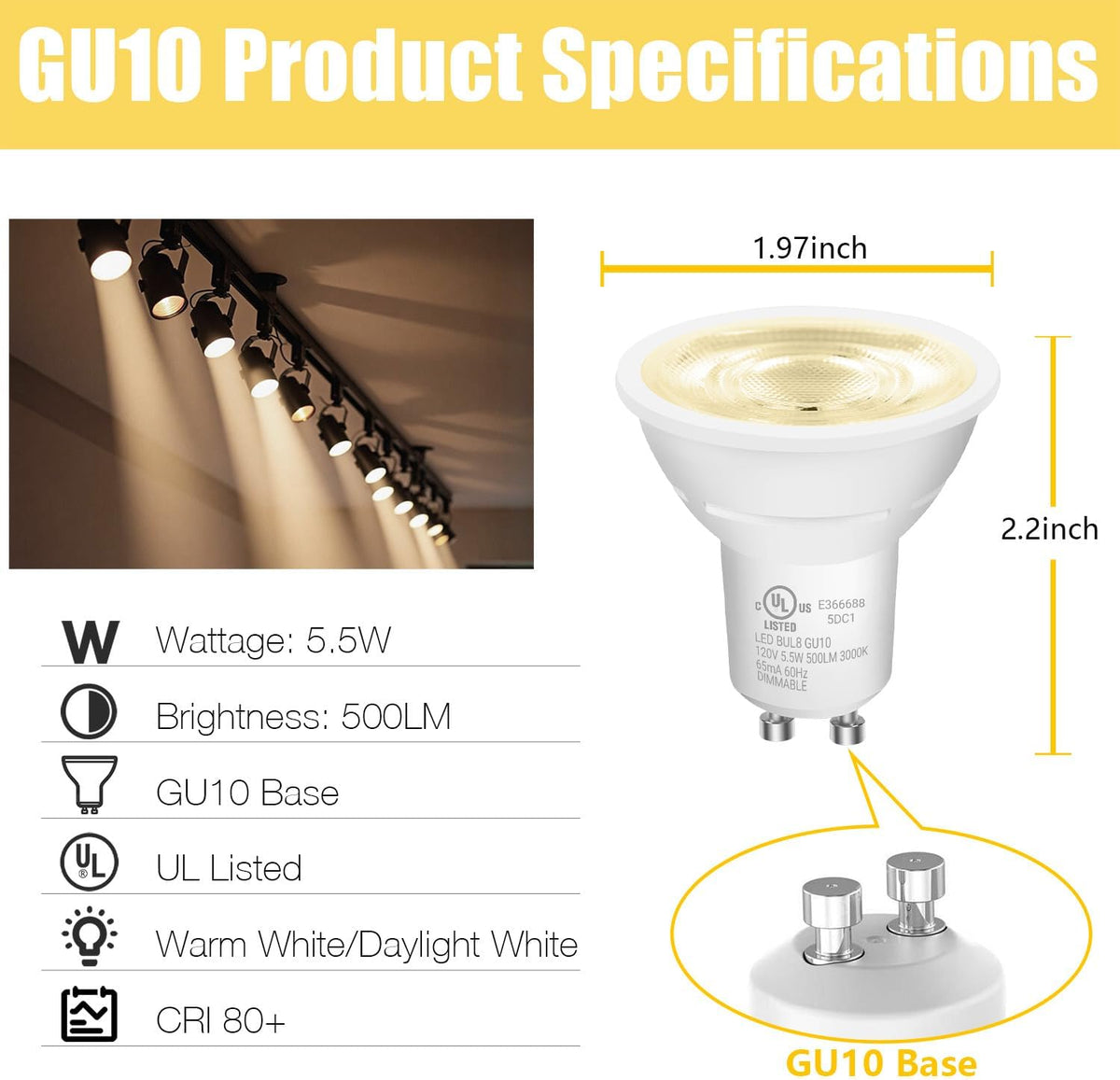 Bombilla LED GU10 regulable 500lm 3000K para cocina y campana