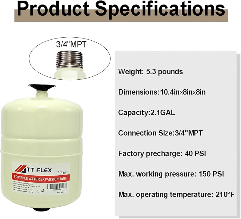 Tanque expansión 2.1gal para calentador agua 3/4 MNPT