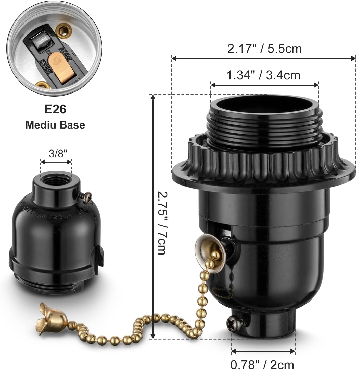 Portalámparas E26 con interruptor cadena soporte negro