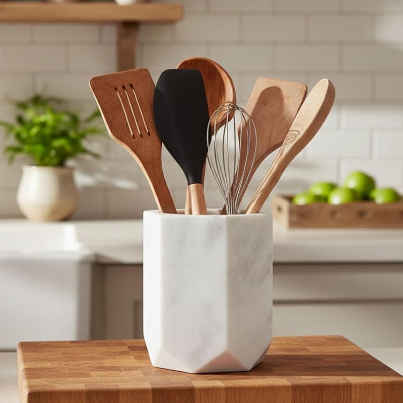 Soporte utensilios mármol 6.5pulg blanco cocina organiz.