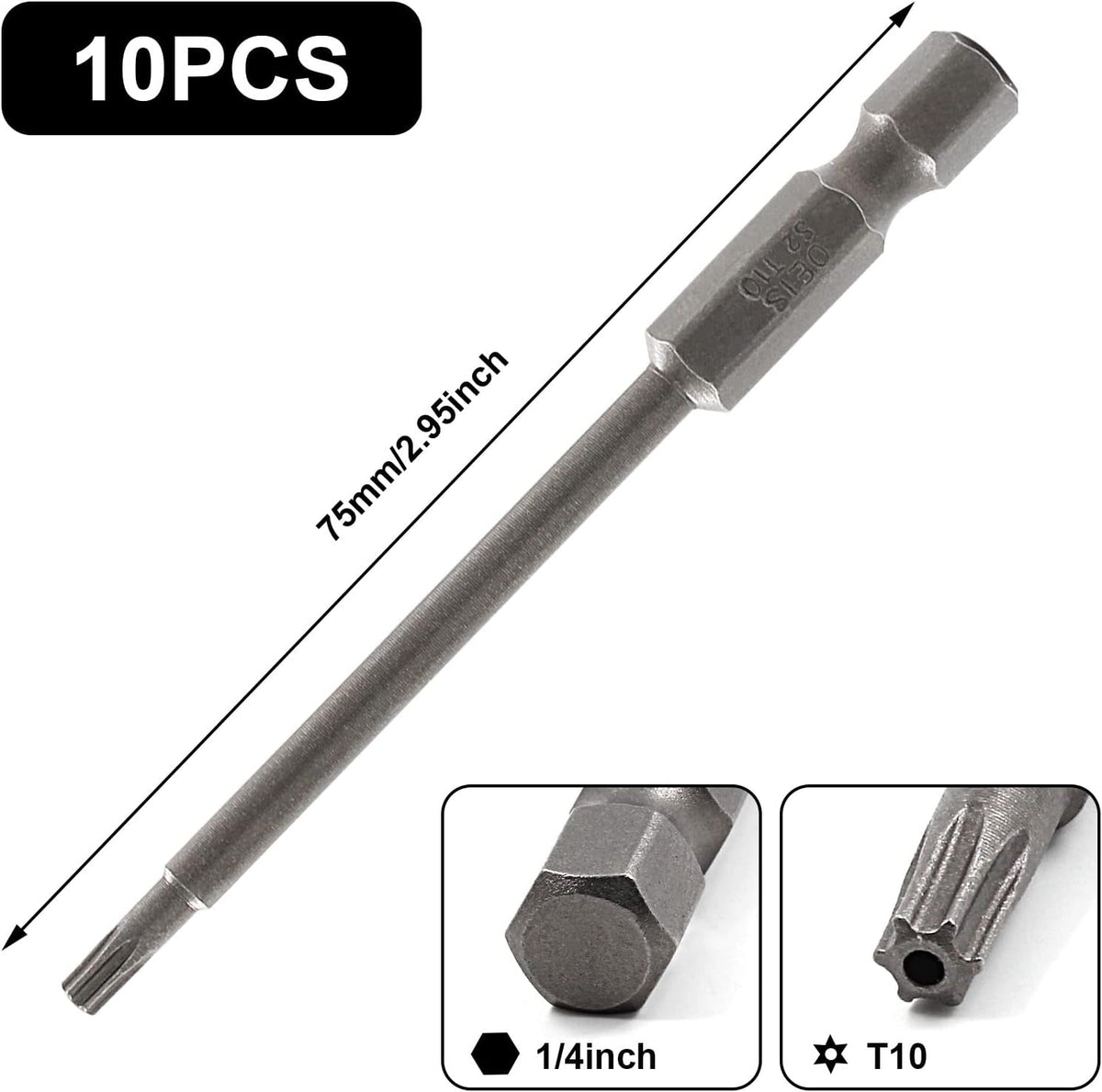 10 Puntas Torx T10 S2 Acero Magnéticas 3pulg