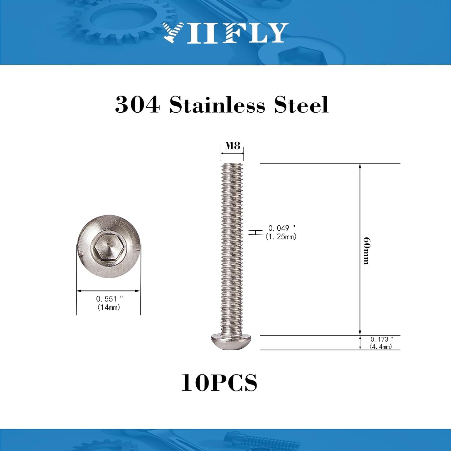 Tornillos cabeza botón M8x1.0 acero inox 304 A2-70 10 pzas
