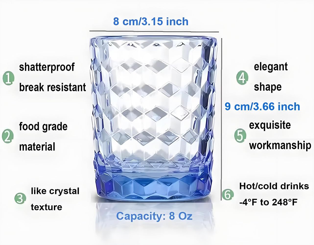 6 Pzas Vasos Tritan 8oz Sin BPA Reutilizables Azul