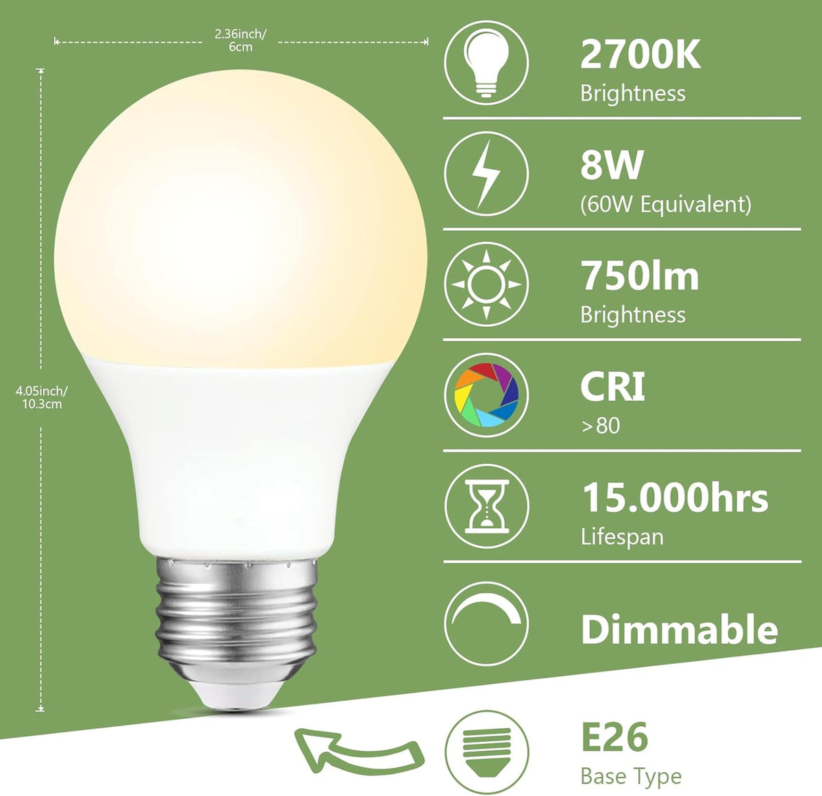 Bombillas LED A19 regulables 8W blanco suave 2700K pack 6