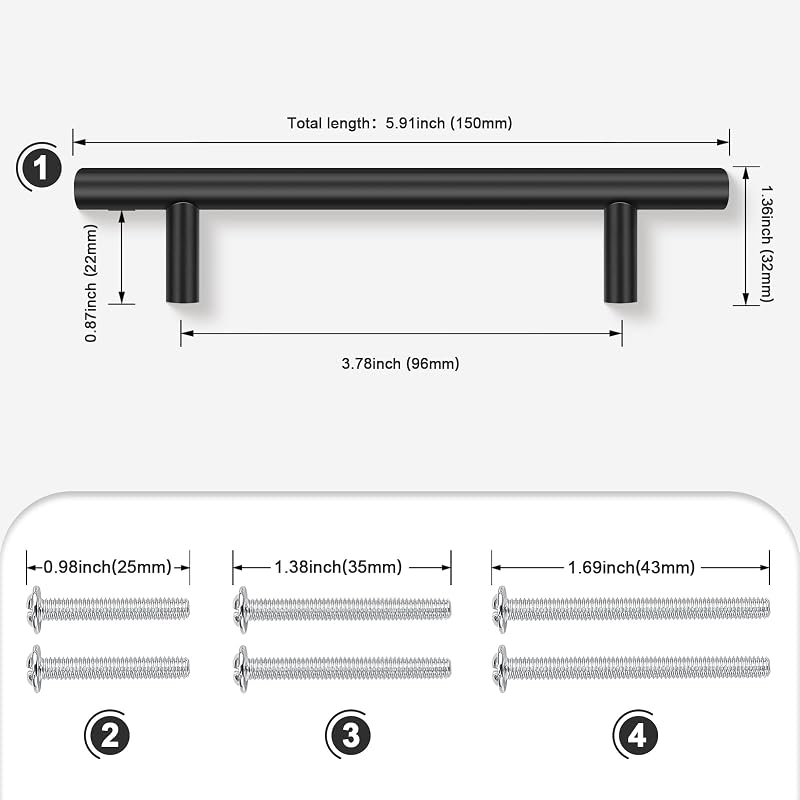 30 Manijas Acero Inox 3-3/4" Negro Mate para Gabinetes