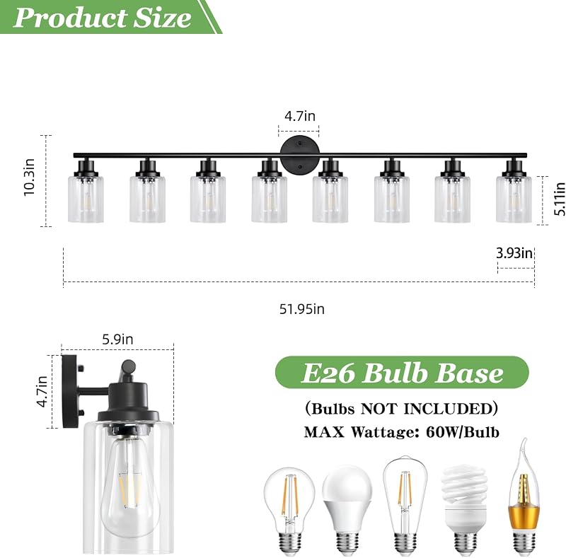 8 Luces Negras Apliques Baño Cocina Vidrio Transparente E26