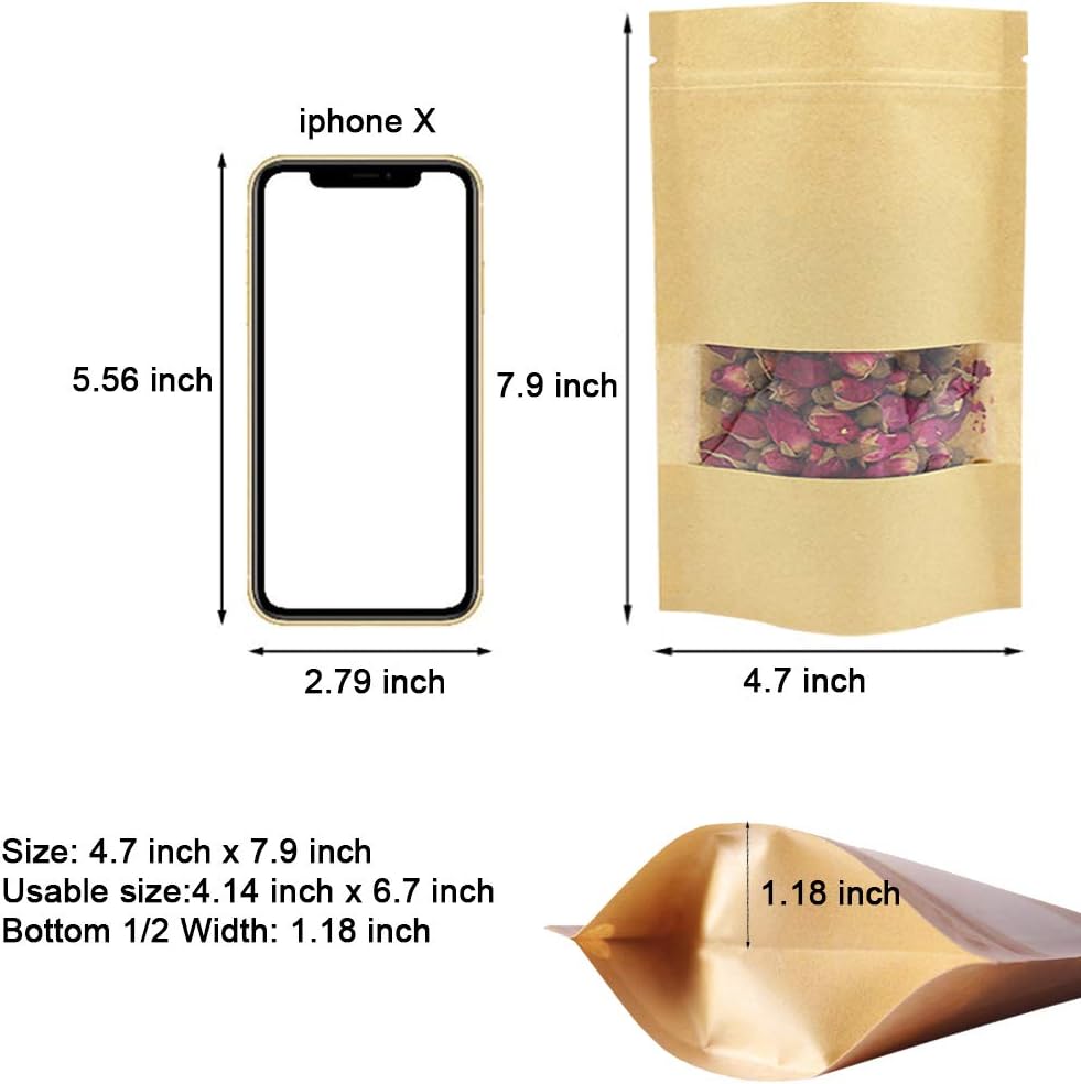 100 Bolsas Kraft Resellables con Ventana 4.7x7.9"