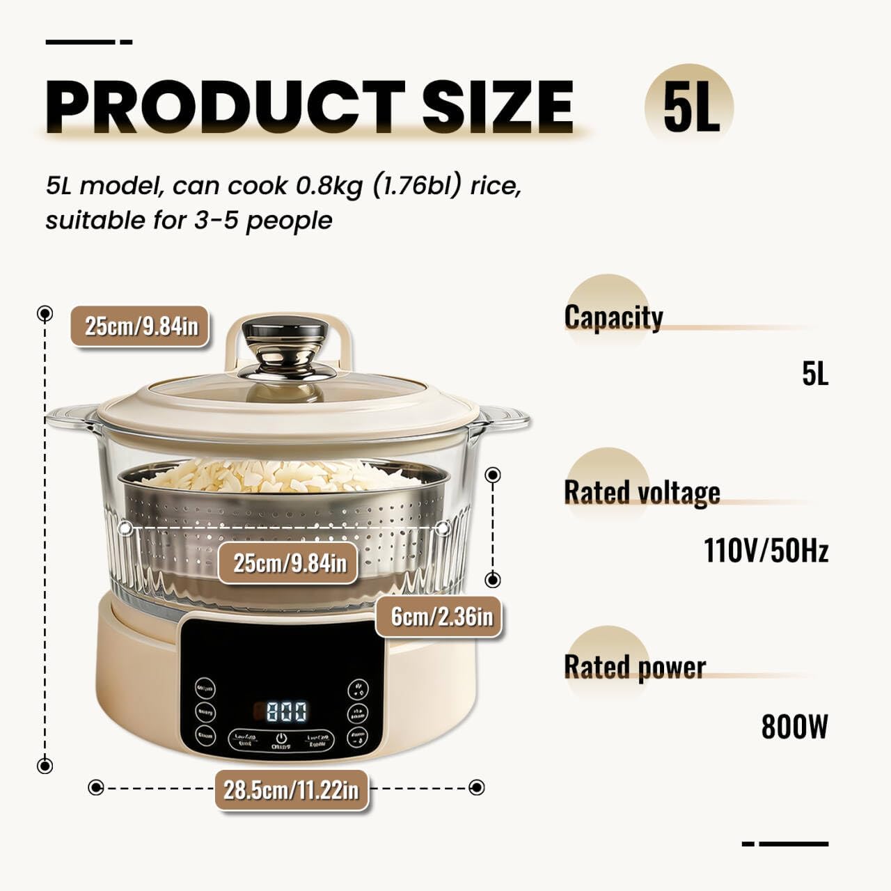 Arrocera baja carbohidratos 5L con vaporizador transparente