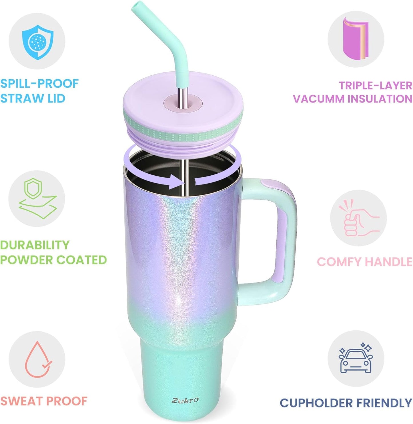Vaso acero inox 40oz con asa pajita tapa roscada portavasos