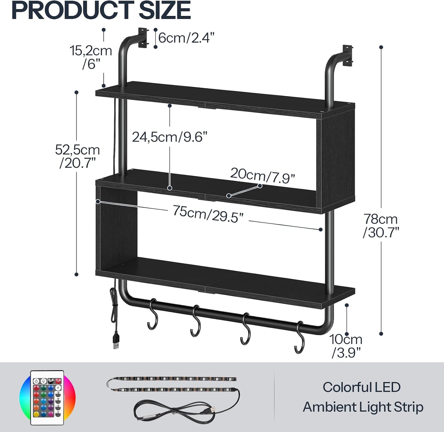 Estante flotante LED 29.5" 3 niveles barra 4 ganchos negro