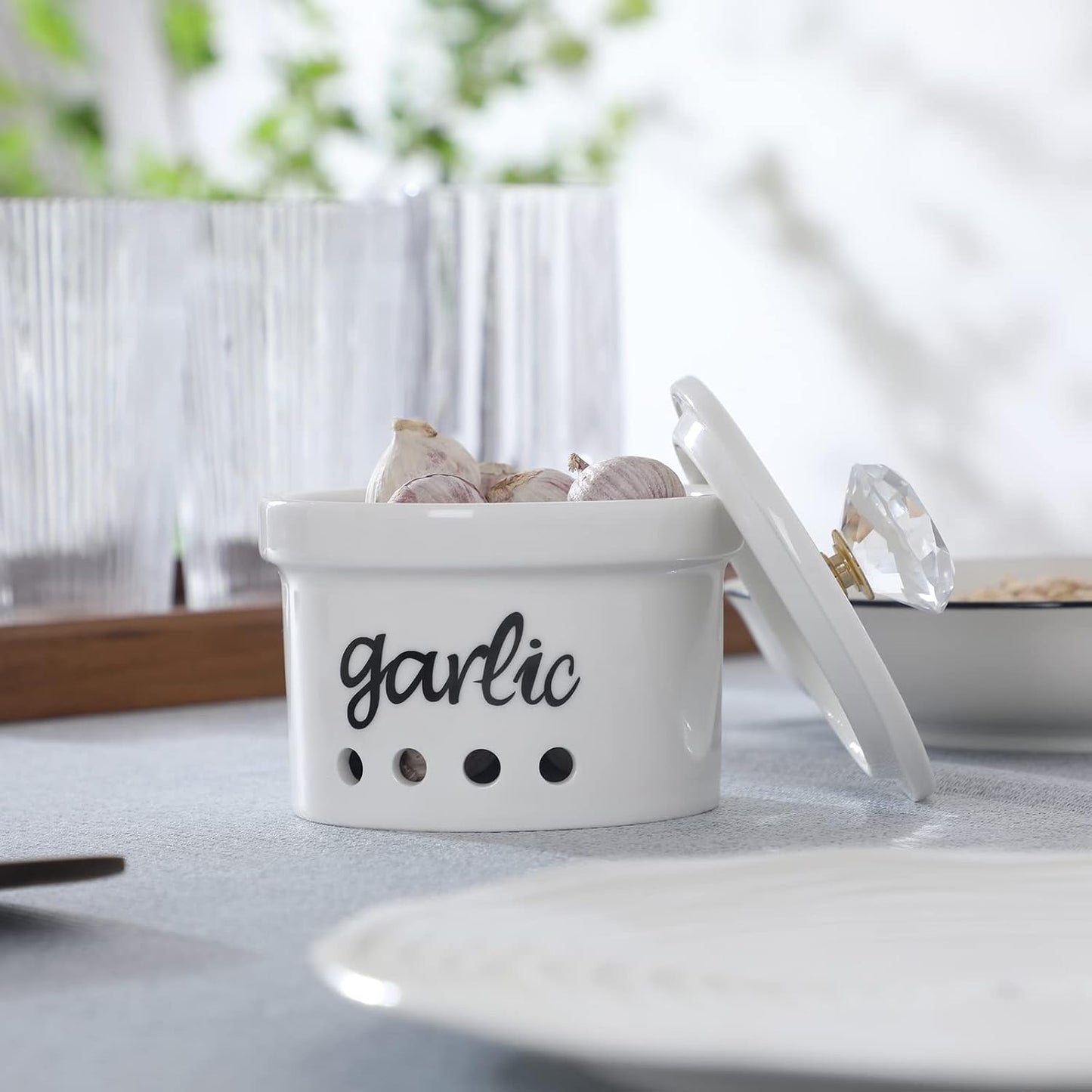Soporte ajo cerámica 12.5oz con tapa cristal estilo granja dorado