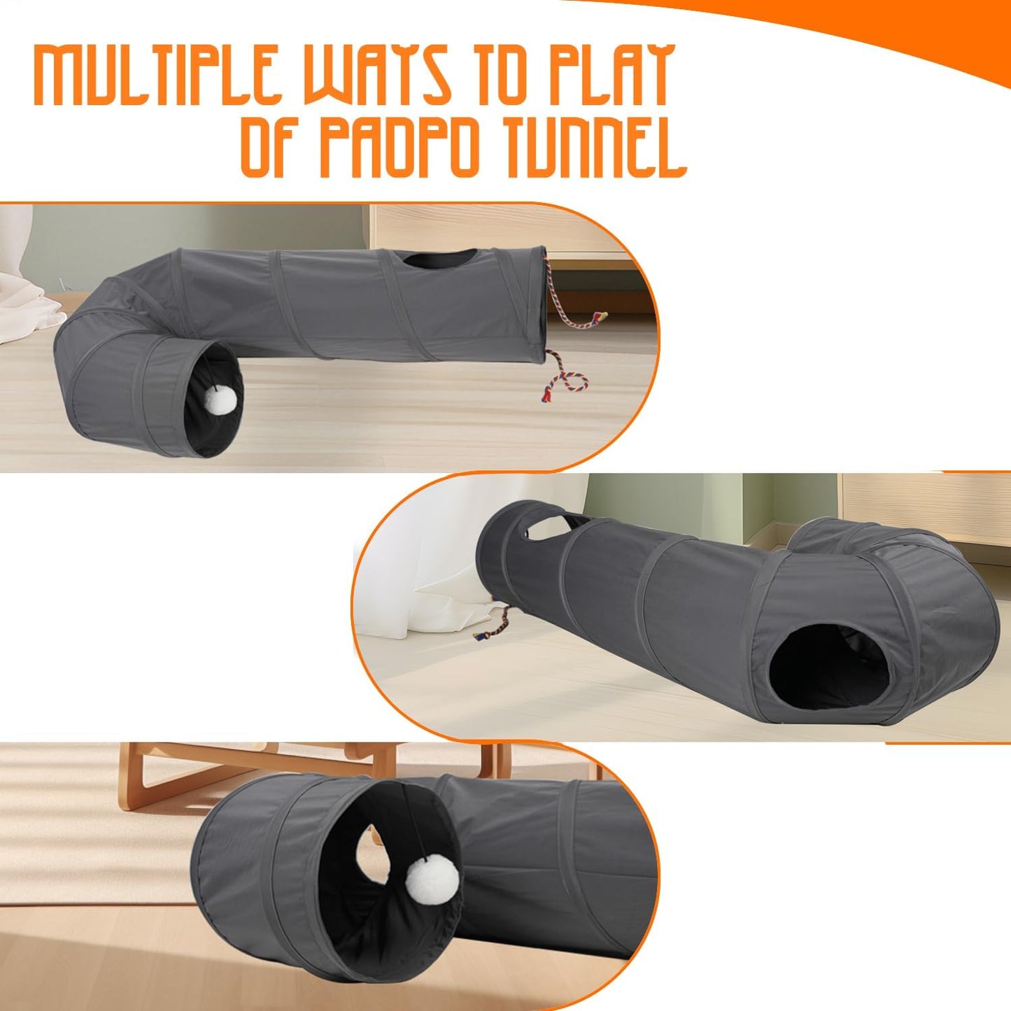 Túnel gato plegable con pelota cuerda gris