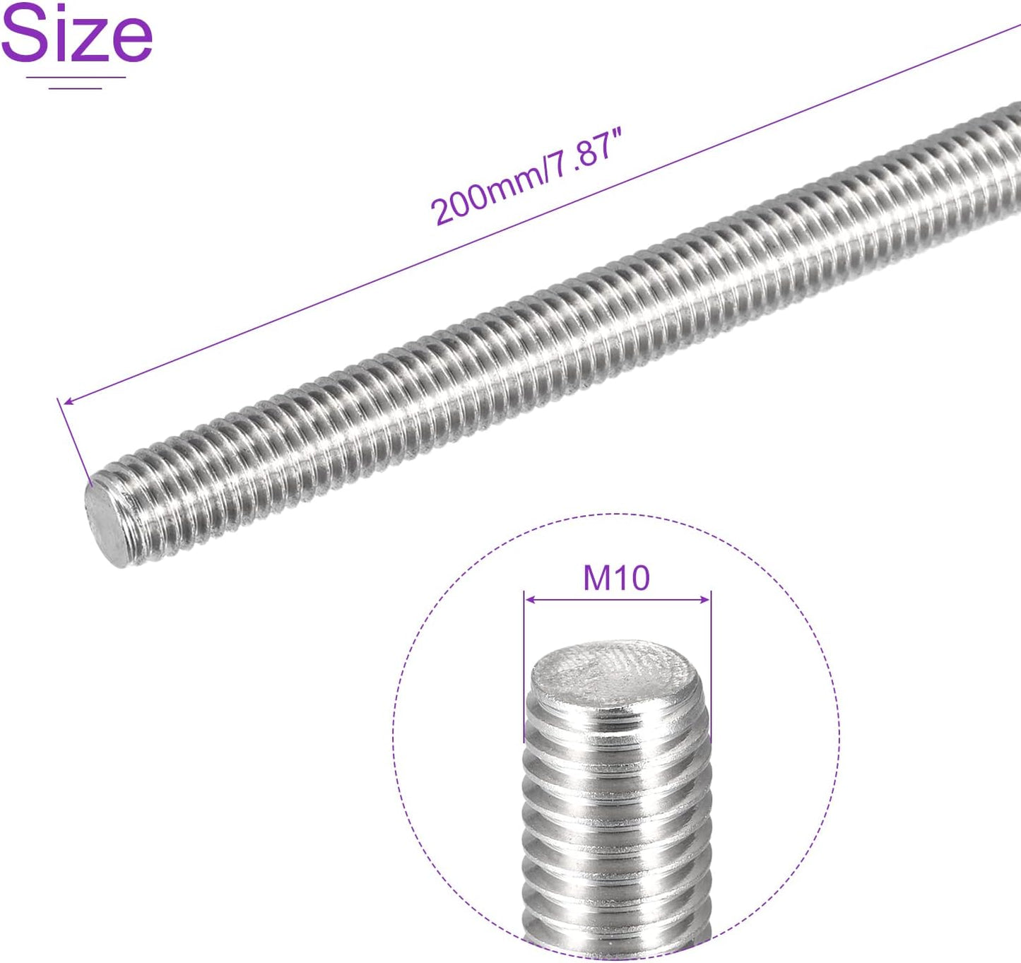 Pack 5 varillas M10x200mm acero inox 304 roscadas derecha