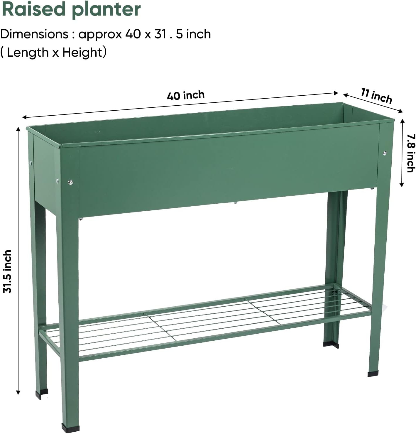 Cama jardín elevada de metal verde con patas 40x11x31pulg