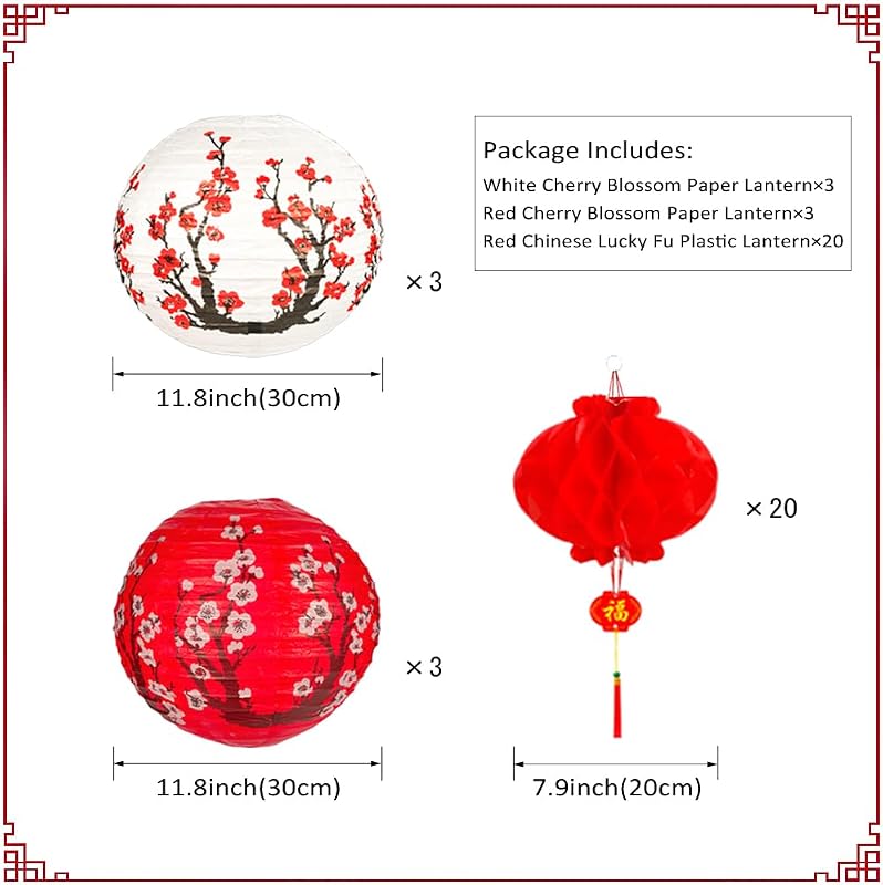 Juego 26 linternas papel flor cerezo rojo 12x8pulg